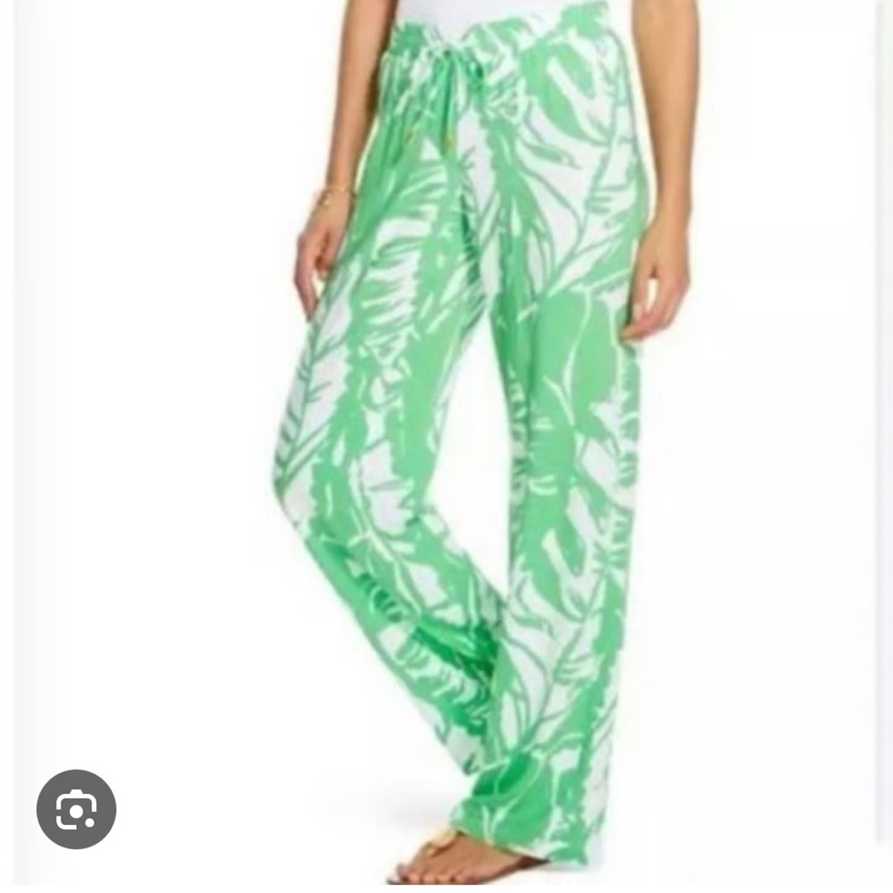 Lilly pulitzer Green and White Leaf Palm Print Pants palazzo wide leg cotton med